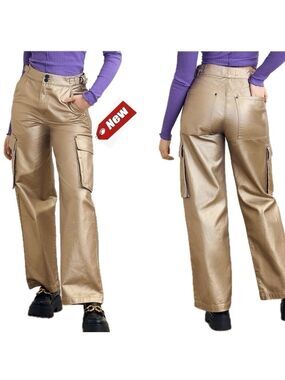 Circus NY metallic gold foil High Rise Slouchy Cargo Denim Jean pants NWT